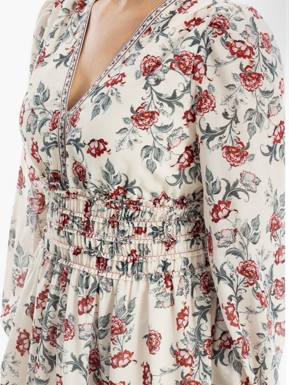 NWT Max Studio Georgette Floral Smocked Waist V-Neck Dress - Ivory, red - Picture 2 of 7